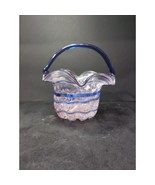 Hand Blown Art Glass Basket w/ Cobalt Blue Spiral White Opalescent Splat... - $20.36 CAD