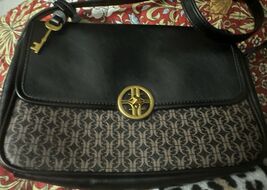 Fossil Jasmine Flap Crossbody Shoulder Bag Black/Brown Leather Pre Owned - $41.30