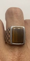Vintage Tiger&#39;s Eye Men&#39;s Ring Silver Stainless Steel Genuine Size 12 - £29.61 GBP