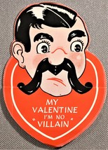 Vtg My Valentine I&#39;m No Villian Folding Die Cut Boy Mustache Valentine Card - £7.12 GBP