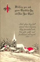 Christmas Joy New Year Cheer Winter Town Scene Bible Verse 1937 Postcard - £3.11 GBP