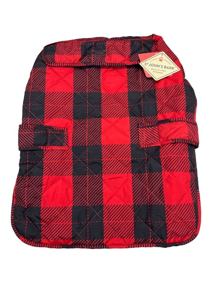 St Johns Bark Pet Apparel Dog Jacket Quilted Vest L Plaid Red Black Buffalo - $5.44