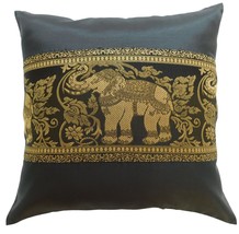 Black Cushion Pillow Case motif Elephant 40x40cm/15.5x15.5in Thai Silk Bed Sofa  - £7.17 GBP