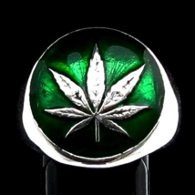 Sterling silver ring Ganja Sativa Marijuana leaf Weed symbol with Green enamel h - £75.33 GBP