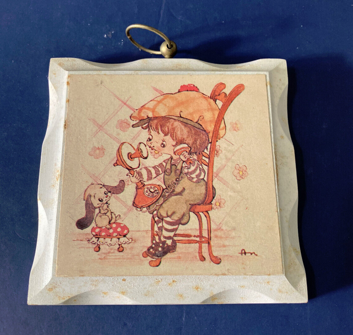 Small wood wall plaque boy on phone with puppy homco - $19.75