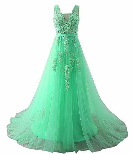 Kivary Women V Neck Beaded Long Prom Dress Formal Tulle Evening Gown Mint Green