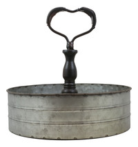 11&quot;W Galvanized Metal Tin Tray with Heart Shaped Handle Rustic Vintage Serveware - £27.17 GBP