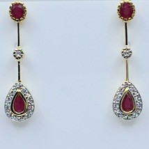 Splendid Women&#39;s Drop Earrings 14k Yellow Gold Natural Rubies Cubic Zirconia - £486.91 GBP
