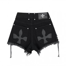 Lace-up Frayed Cross Flower &amp; Pattern Sweet Cool Denim Shorts For Women - $839.79 MXN