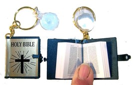 2 MINI GOLD BIBLE KEY CHAINS religious book small novelty keychain magnifer - £5.45 GBP