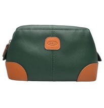 Bric&#39;s Green Toiletry Cosmetic Travel Bag Qatar Airways Green Brown Leather - $15.52
