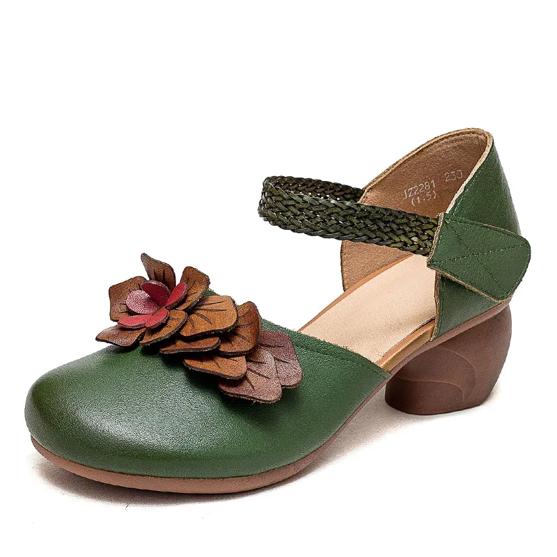 New Women Sandals Summer Genuine Leather Flowers Thick Heel Sandals Retro Style  - £73.29 GBP