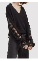 $118 French Connection Women Black Caballo Floral Lace-Sleeve Sweater Size XS - £22.70 GBP