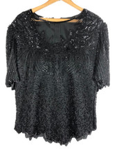 Vintage 1970s Laurence Kazar Beaded Top Large Black Mesh Elegant Party Holiday - £52.07 GBP