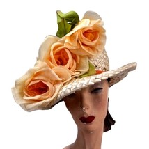 VTG 1950s Gwenn Pennington Straw Hat Peach Roses Garden Party Floral Chic - $128.65