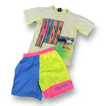 Vintage 90s OP Hobie Neon Surf Beach Cool  USA T-shirt Youth L/XL Shorts Set - £31.06 GBP