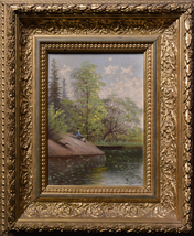 Warm summer sunny landscape w Fisherman on rock early 20C antique oil painting - £175.41 GBP