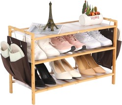 3-Tier Bamboo Shoe Rack for closet,Stackable Shoe Rack Organizer with Side Pocke - £33.77 GBP