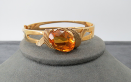 Vtg Amber Rhinestone Bangle Bracelet Gold Tone Hinged Smooth Ribbed Text... - $32.99