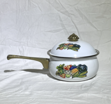 Vintage Garden Harvest Saucepan Enamel with Lid Brass Handles 6.25 In Gr... - $18.55