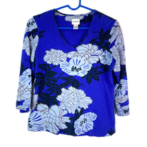 Chicos 0 Floral V Neck Tee Shirt Women Size S 4 Blue 3/4 Sleeves 100% Cotton - £8.53 GBP
