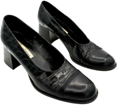 brighton women&#39;s black crocodile print leather block heeled 2&quot; pumps siz... - $292.56 MXN