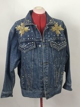 VTG 80s FreeGo Blue Jean Denim Jacket SMALL Gold Silver Stud Bead Sequin... - £62.24 GBP