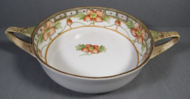 VINTAGE Nippon Round Shallow Footed Sauce Dish 6&quot; Handles Pink &amp; Green Moriage. - £10.00 GBP