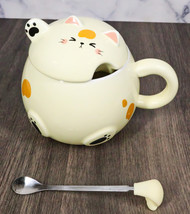 Whimsical Yellow Chubby Feline Kitty Cat Cup Mug With Lid And Stirring S... - $18.99