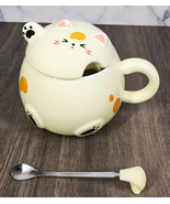 Whimsical Yellow Chubby Feline Kitty Cat Cup Mug With Lid And Stirring S... - $18.99