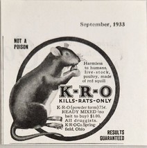 1933 Print Ad K-R-O Kills-Rats-Only Not Livestock,Animals Springfield,Ohio - £6.55 GBP