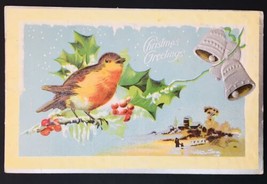 Antique Christmas Greetings Card Bird on Holly Berry Branch Pre 1920 Posted - $8.00