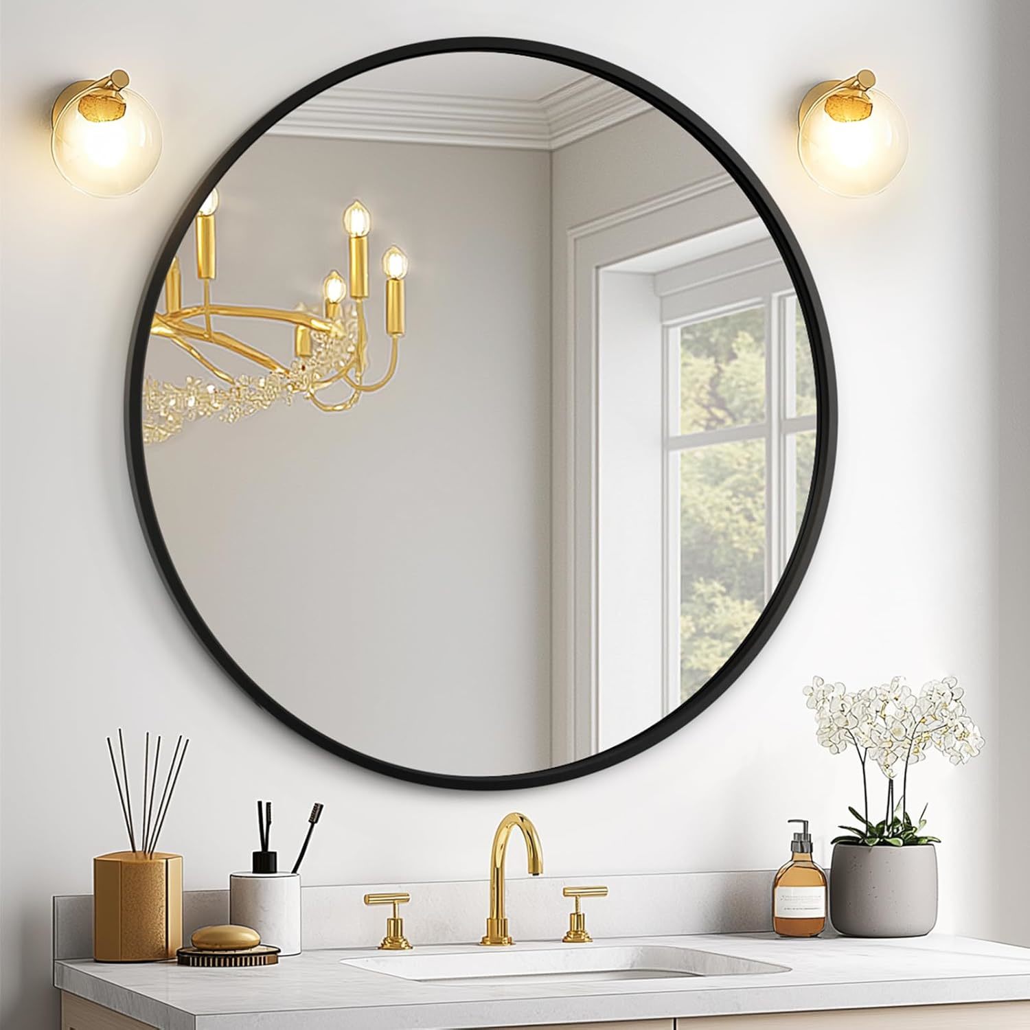 Ushower Black Round Mirror For Over Sink 24-Inch, Circle Bathroom Mirror... - $71.98
