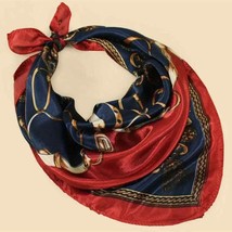 Vintage Chain Print Square Scarf Red and Blue, Elegant Satin Neckerchief - $24.50