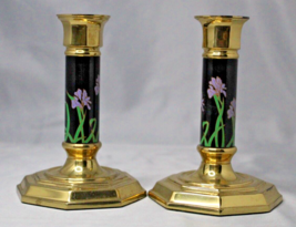 Candlestick Holders Black Brass Tone Floral Print Taper Candle Green Felt Bottom - £7.68 GBP