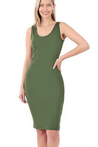 Army Green Midi Dress Scoop Neck Soft Cotton Knit Sleeveless - £11.48 GBP