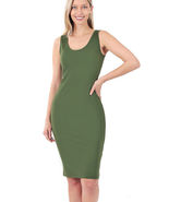 Army Green Midi Dress Scoop Neck Soft Cotton Knit Sleeveless - £11.41 GBP
