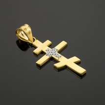 10k Real Yellow Gold Diamond Studded Russian Orthodox Cross Pendant Necklace - £134.17 GBP+