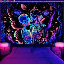 Blacklight Skull Butterfly Tapestry UV Reactive Mushroom Kissing Lovers Skeleton - £13.27 GBP+