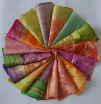 10 Inch x 16 Pieces Mixed Colour Recycled Vintage Sari Scraps Remnant Brocade - $17.74