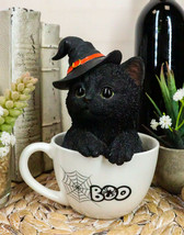 Witching Hour Halloween Black Cat with Witch Hat In Tea Cup Pet Pal Figurine - £26.29 GBP