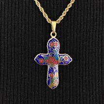 CLOISONNE cross pendant necklace - gold-tone with jewel-tone enamel 18&quot; chain - £17.98 GBP