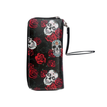 Women&#39;s Black Skull Flowers &amp; Roses Gothic Wristlet Wallet Zip Coin Purse - £4.38 GBP