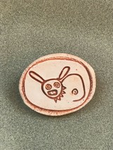 Handmade White Oval Clay w Orange Accents &amp; Impressed Scary Rabbid Rabbits Brooc - £9.02 GBP