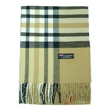 Beige 100% Cashmere Tartan Stripe Plaid Women Oversized Shawl Blanket Scarf - £20.94 GBP