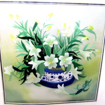 Sushiu Asian Silk Art Embroidery Vase Lilies Green White Long Stitches C... - £72.09 GBP