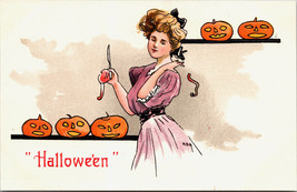 HB Griggs Halloween Postcard Woman &amp; Jack O Lanterns Tossing Apple Peel ... - $29.65