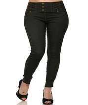 Womens Black or Blue Faux Denim Jeans Look High Waist Three Button Corset Pants - £12.58 GBP