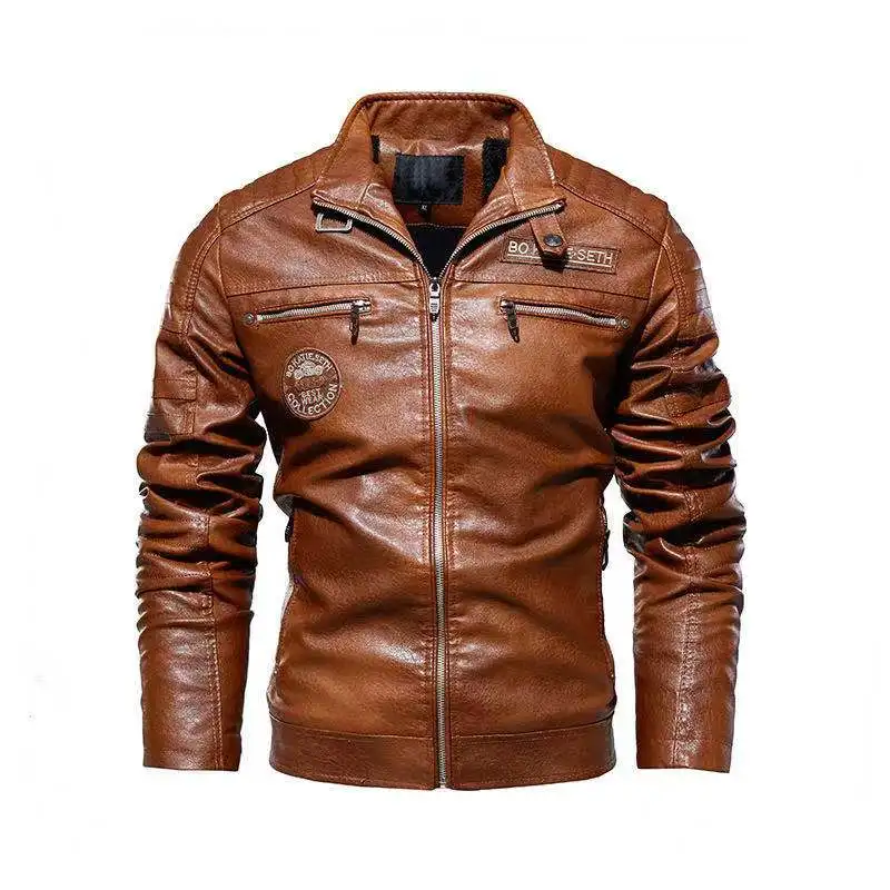 Motorcycle PU Leather Jacket Men  Clothing Winter Fleece Coat  Male Stand Collar - £157.50 GBP