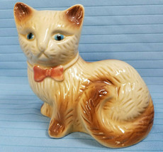 Blue Eyed Kitten Cat Kitty Sitting Ceramic Figurine Statue Tan Pink Bow Tie - $26.95